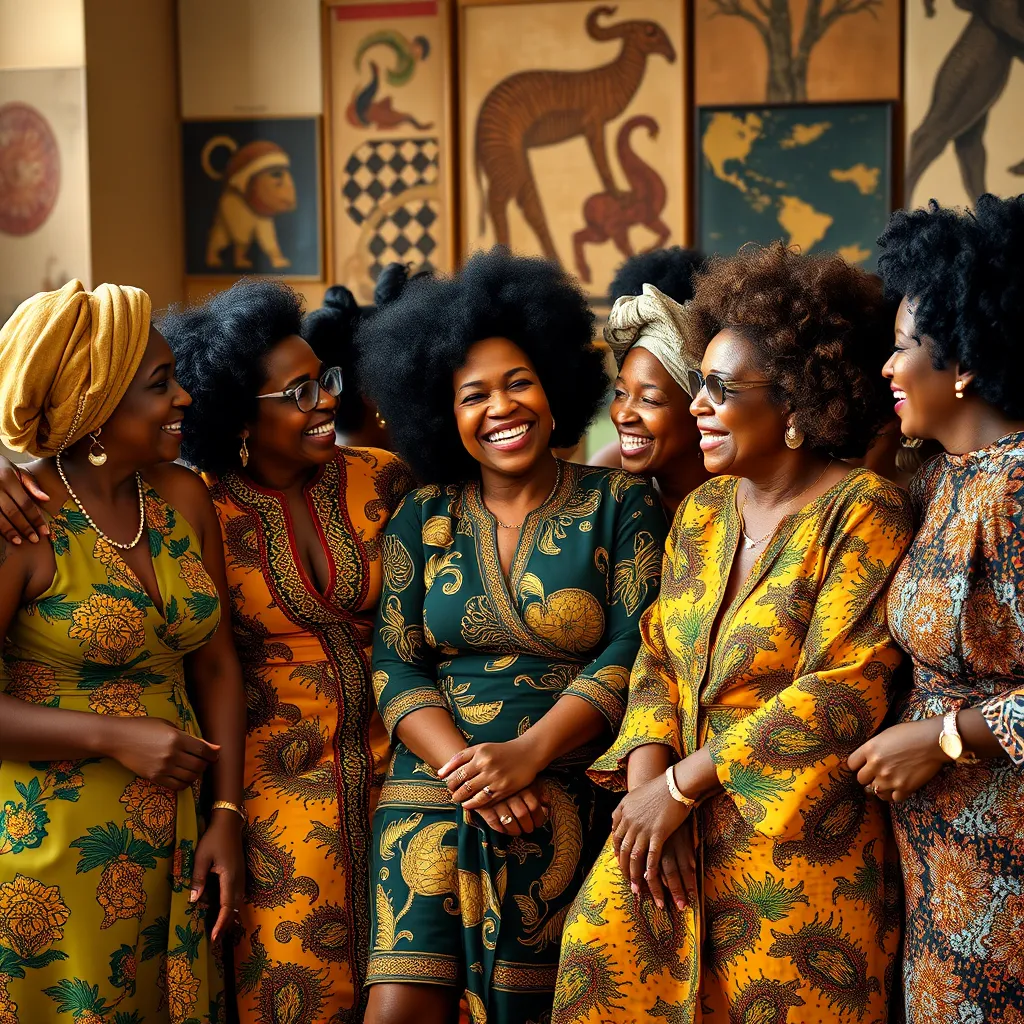A group of African women of different ages and backgrounds, gathered together in a warm and inviting setting.  They are all wearing stylish outfits, and some are sharing stories and laughing together.  The image should convey a sense of connection, belonging, and joy.  The background features a mix of African art and cultural elements.